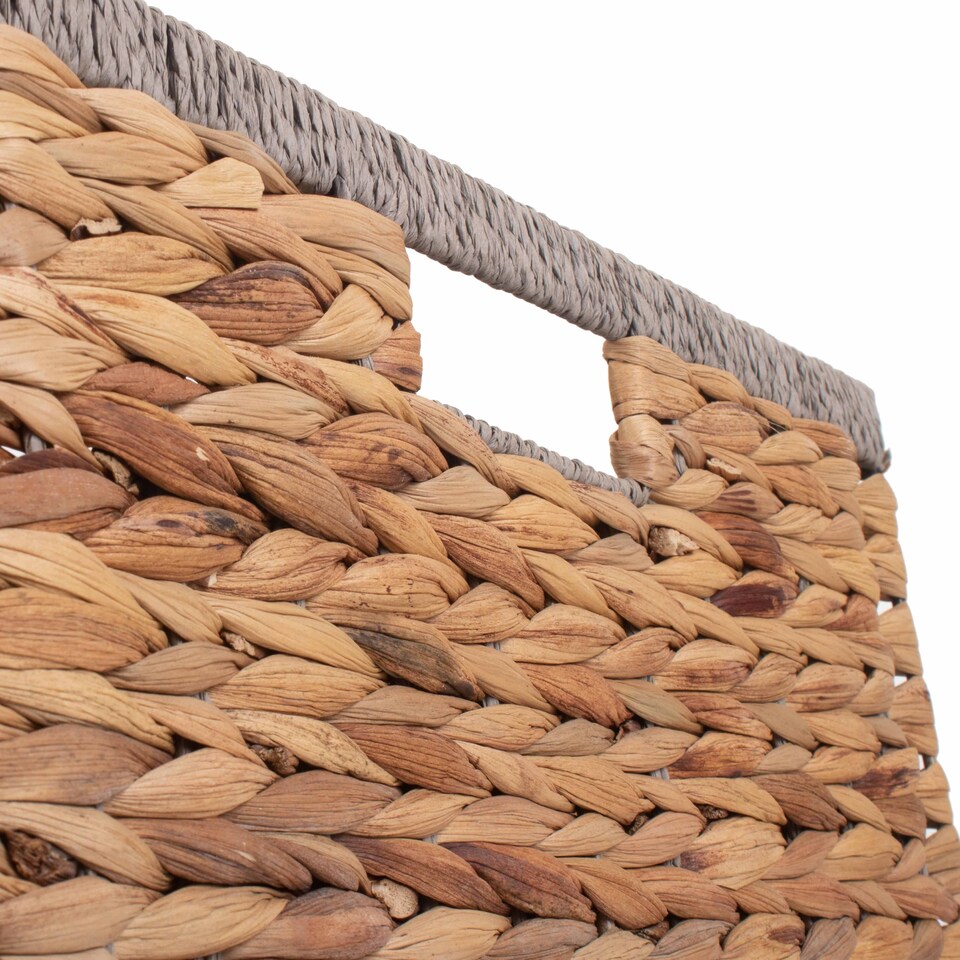 image 1 of Large Square Water Hyacinth With Grey Rope Border Storage Basket | Brown | Brown | L