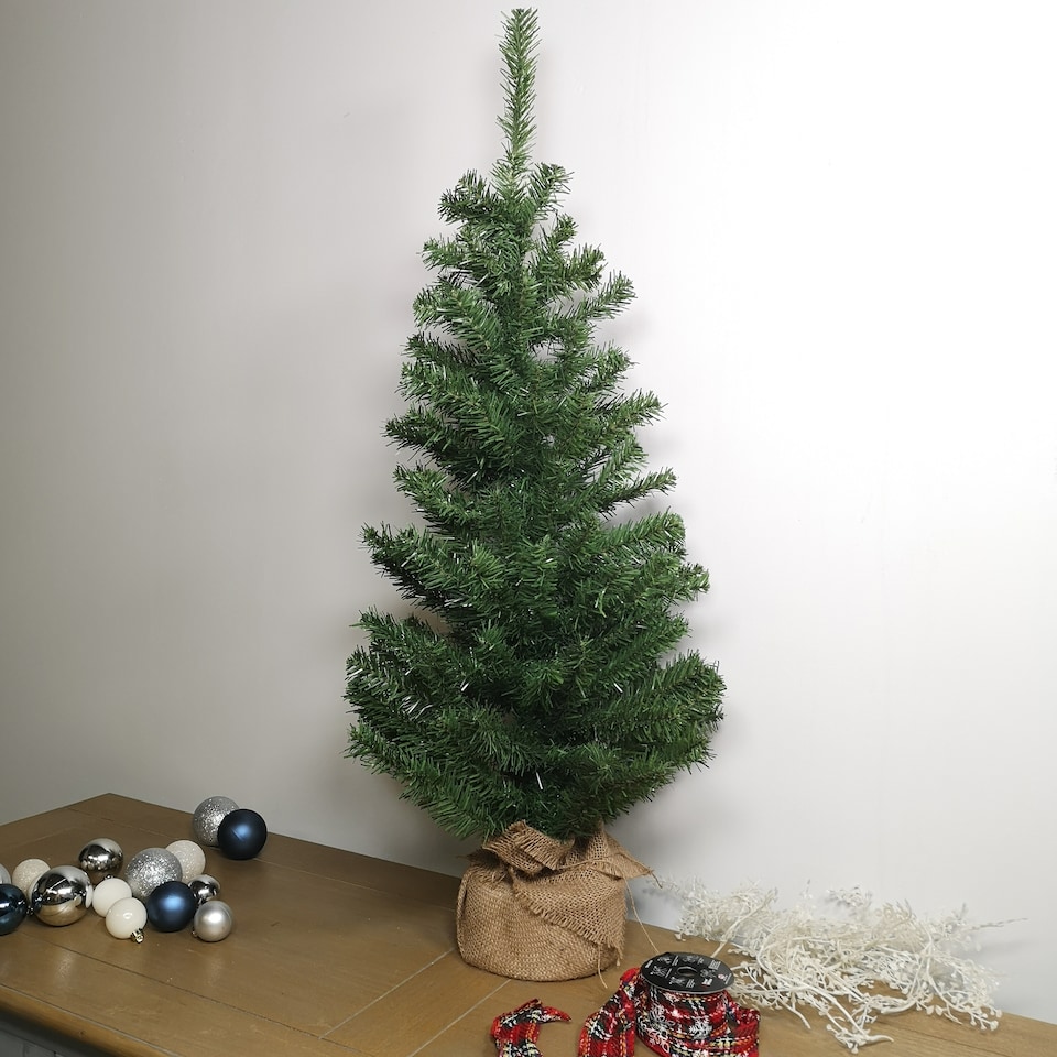 image 1 of 3ft (90cm) Mini Plain Green PVC Christmas Tree in a Jute Bag