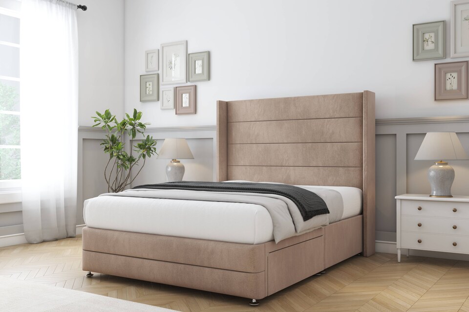 image 1 of Sloomy Sterling Mink Naples Divan Bed Base No Drawers With 54 Inch Wingback Headboard & 12 Inch Matching Footboard | Brown | Mink | Super King | 1