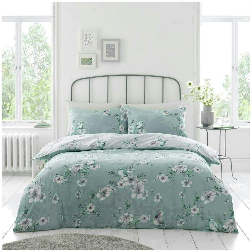 image 1 of VELVETIO Birdie Blossom Printed Duvet Cover Set Reversible Polycotton Beddings Blue | Duck Egg | Super King