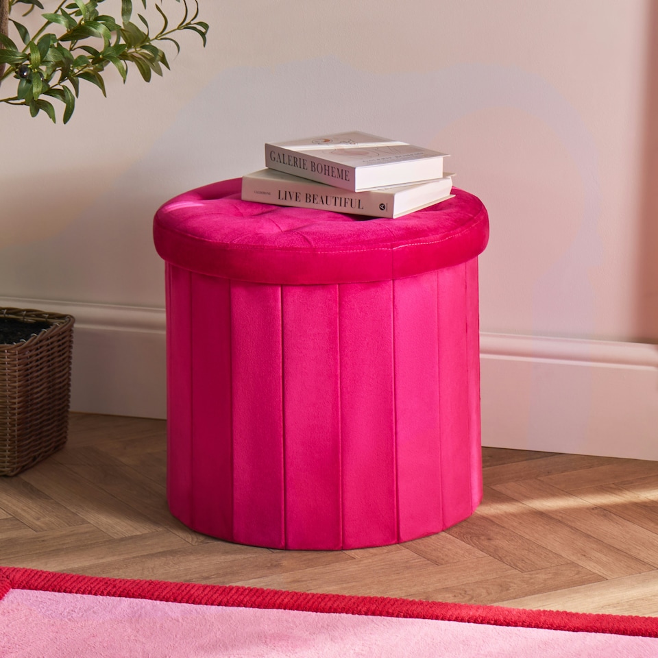 image 1 of OHS Matte Velvet Soft Round Foldable Footstool Seat Storage Organiser Ottoman Pink | Bright Pink