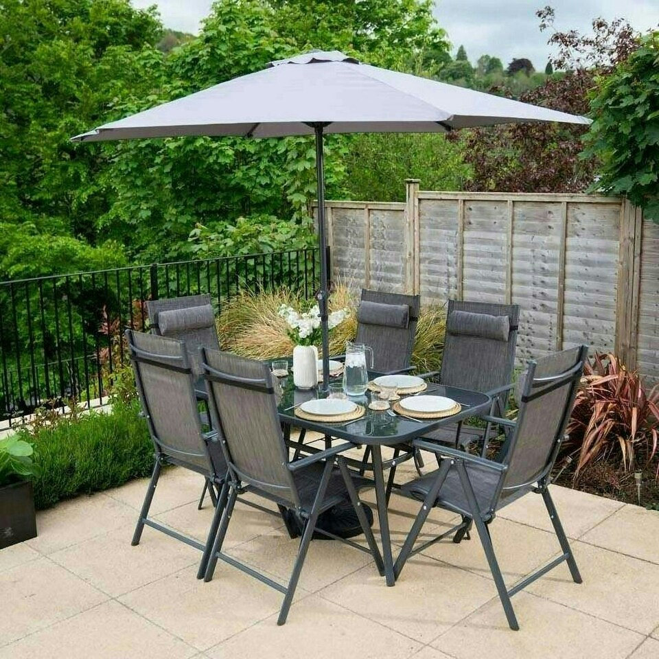 image 1 of Hectare 6 Seater Garden Furniture Reclining Glass Dining Set with Parasol Grey