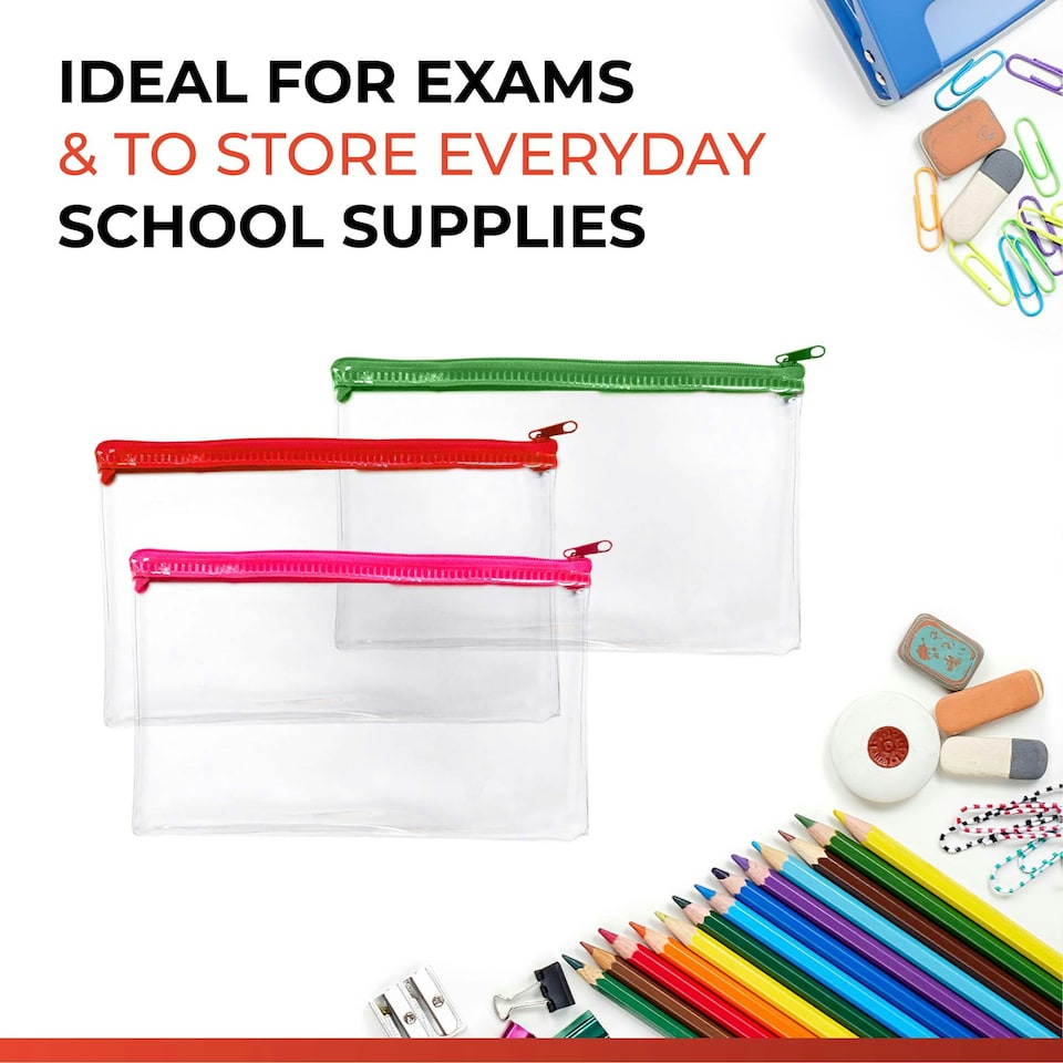 image 1 of Pack of 12 Janrax 8x5" Assorted Colour Zip Clear Exam Pencil Cases
