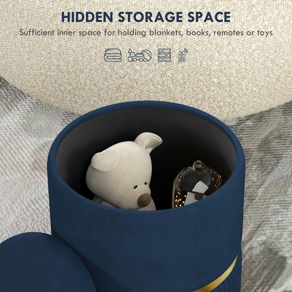 image 1 of HOMCOM Round Pouffe Storage Footstool with Cushioned Top Hidden Space Blue