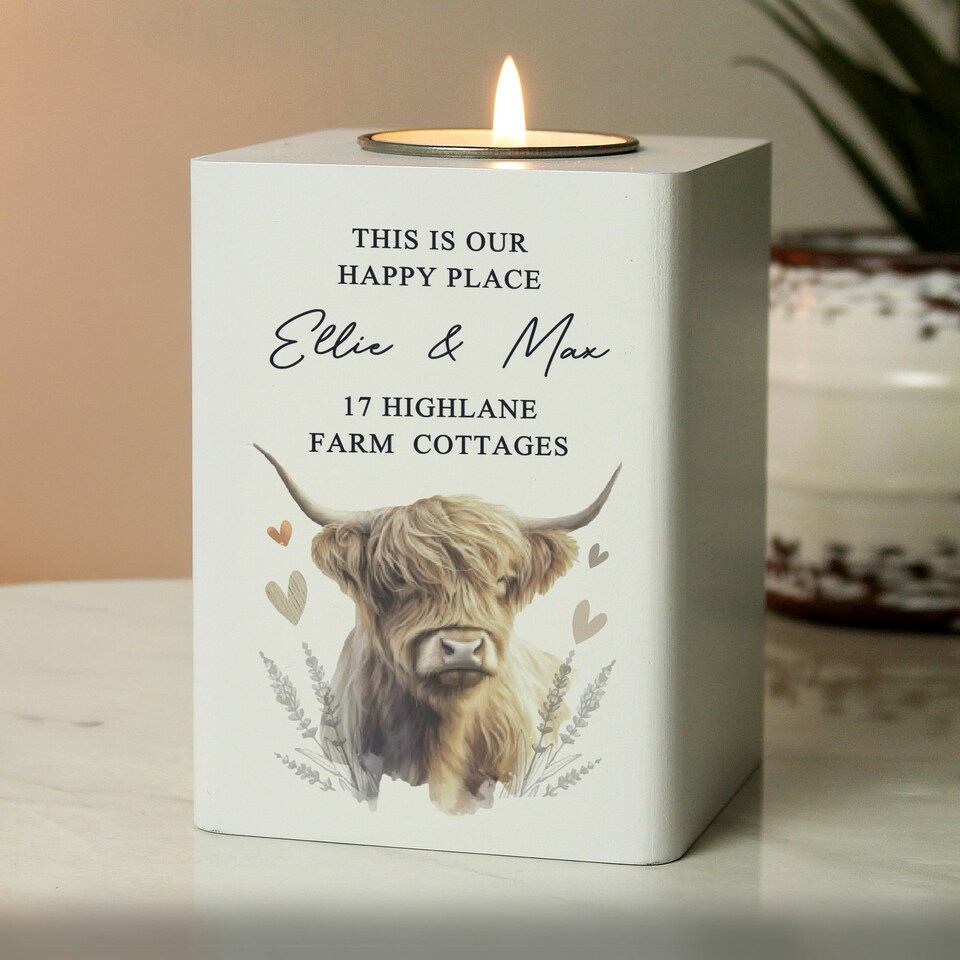 image 1 of Personalised Highland Cow Wooden Tealight Holder Brown