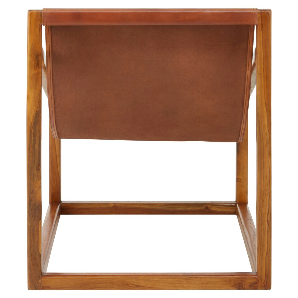 image 1 of Brown Cubic Frame Chair,Leather Upholstered Armchair,Teak Wood Accent Chair For Lounge,Comfy Patio Chair Brown