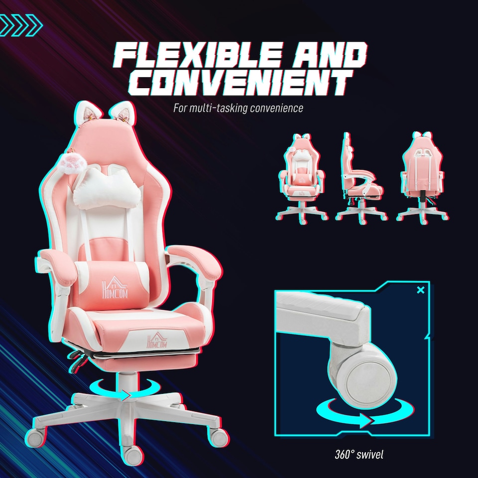 image 1 of HOMCOM Gaming Chair with Footrest, Reclining Computer Chair, Pink