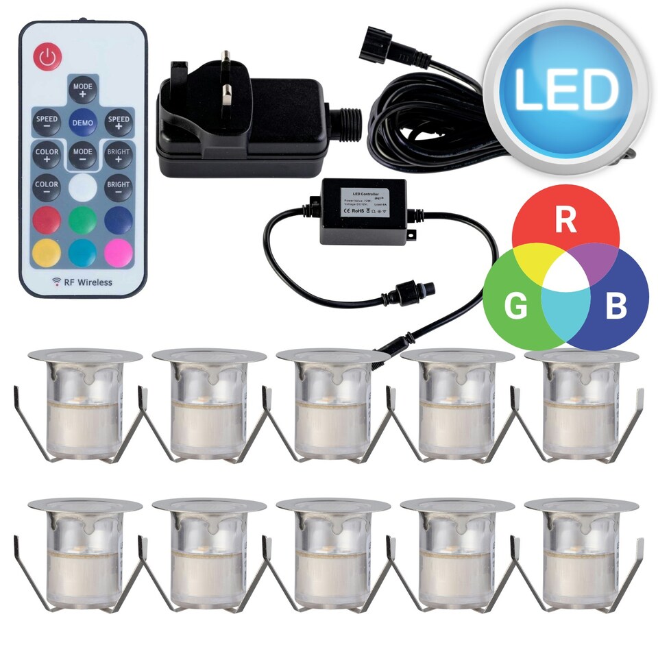 image 1 of Set of 10 - 30mm Stainless Steel IP67 Colour Changing LED Decking Kit Chrome | Clear
