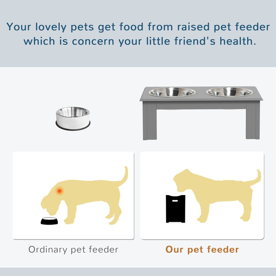 image 1 of PawHut Raised Dog Bowls Pet Feeder Raised Elevated Stainless Steel Food Grey