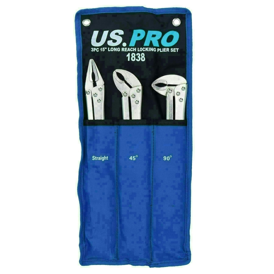image 1 of 3pc Extra Long Nose 15in Adjustable Locking Pliers Mole Grips Straight 45° 90°