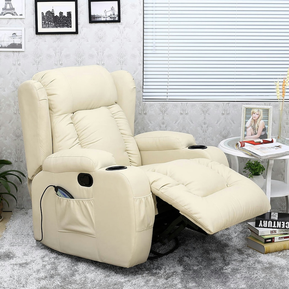 image 1 of Caesar Bonded Leather Recliner Rocking Swivel Heat & Massage Chair (Cream)