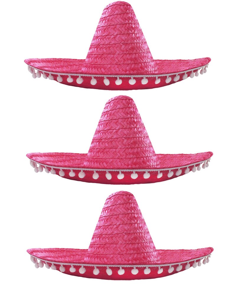 image 1 of Pink Mexican Sombrero with Pom Pom Edging | Pink | 3