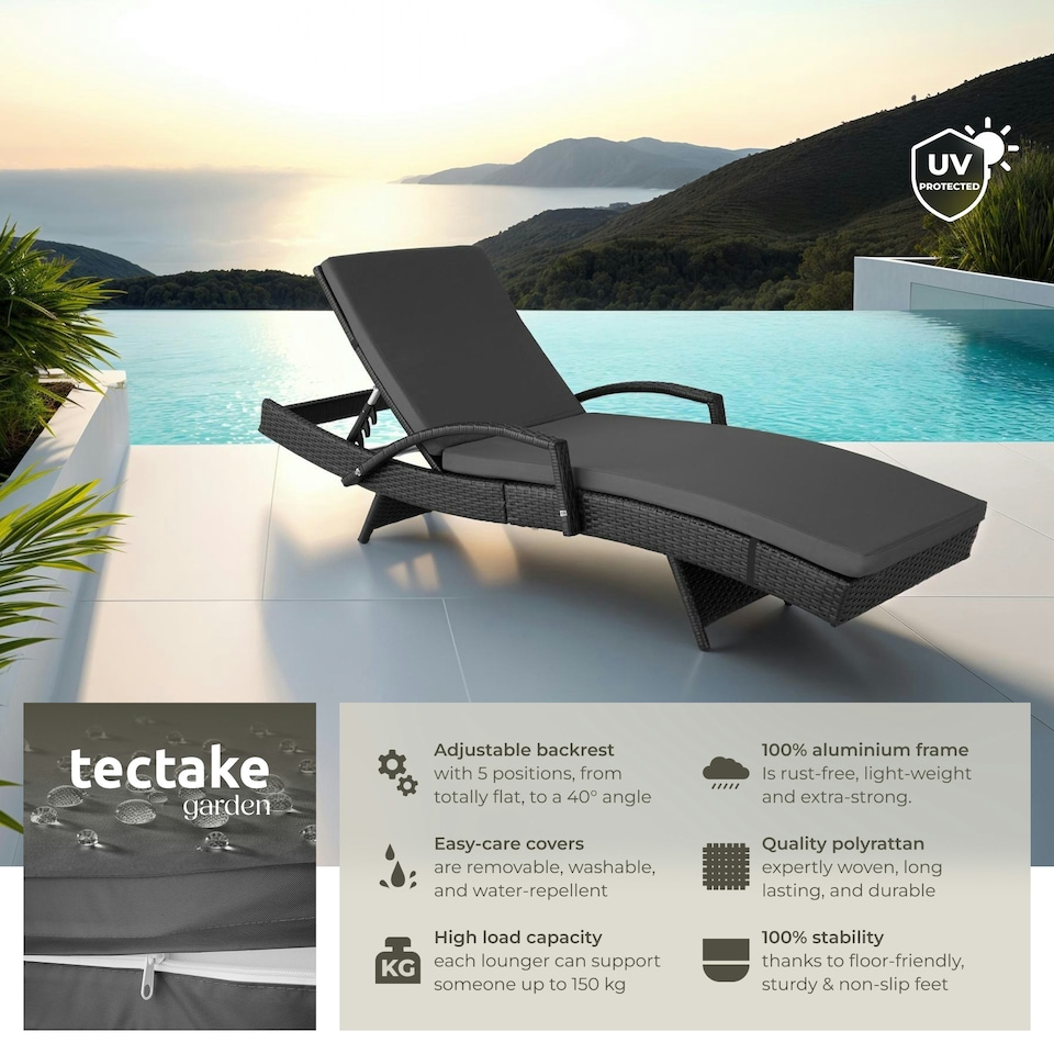 image 1 of Sun Lounger Oceane - with aluminum frame, 5-step adjustable backrest, UV-resistant Black
