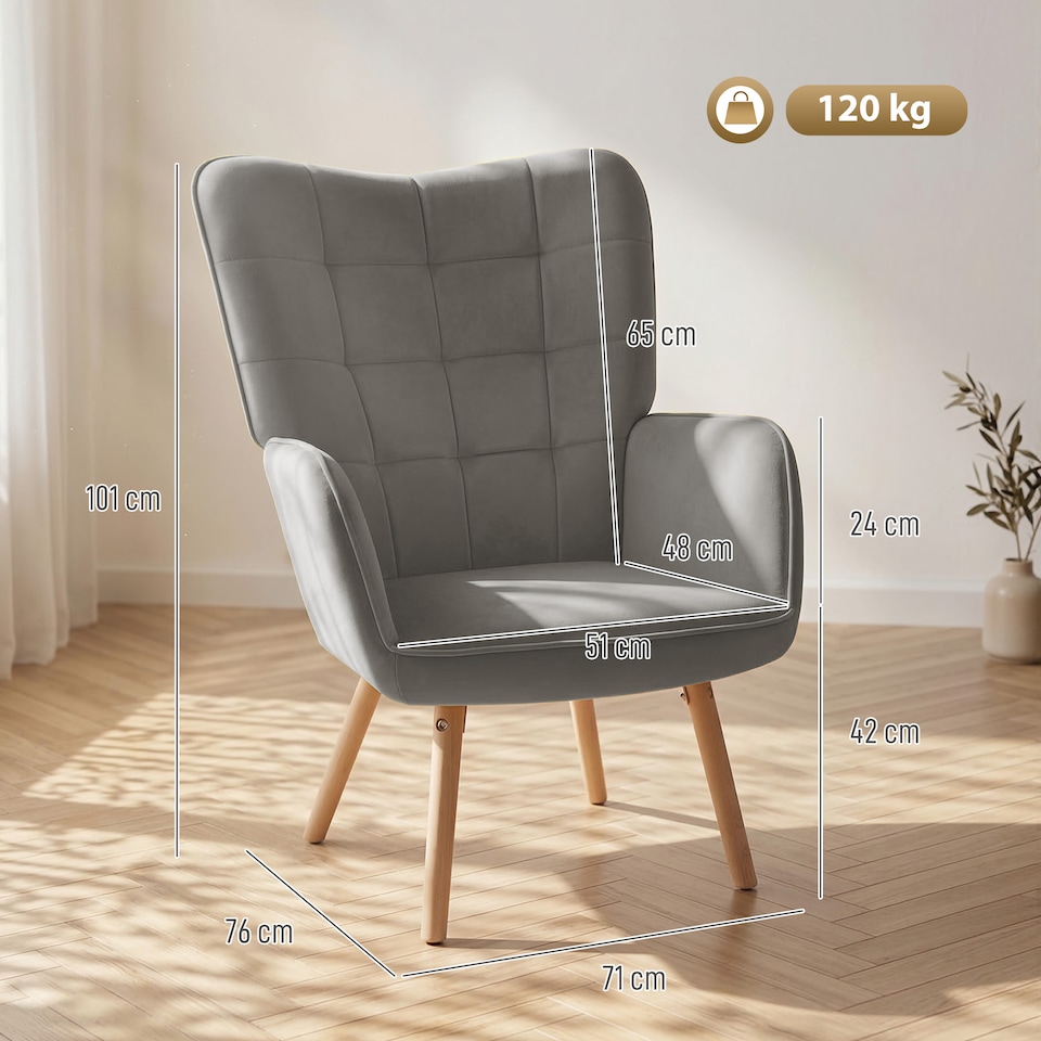 image 1 of HOMCOM Upholstered Tufted Wingback Armchair with Seat Padding, Grey