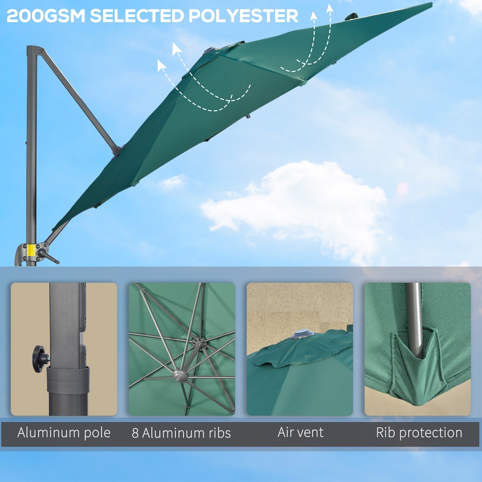 image 1 of Outsunny 3 x 3m Cantilever Parasol with Cross Base, Garden Umbrella with 360 Rotation, Crank Handle and Tilt for Outdoor, Patio, Green