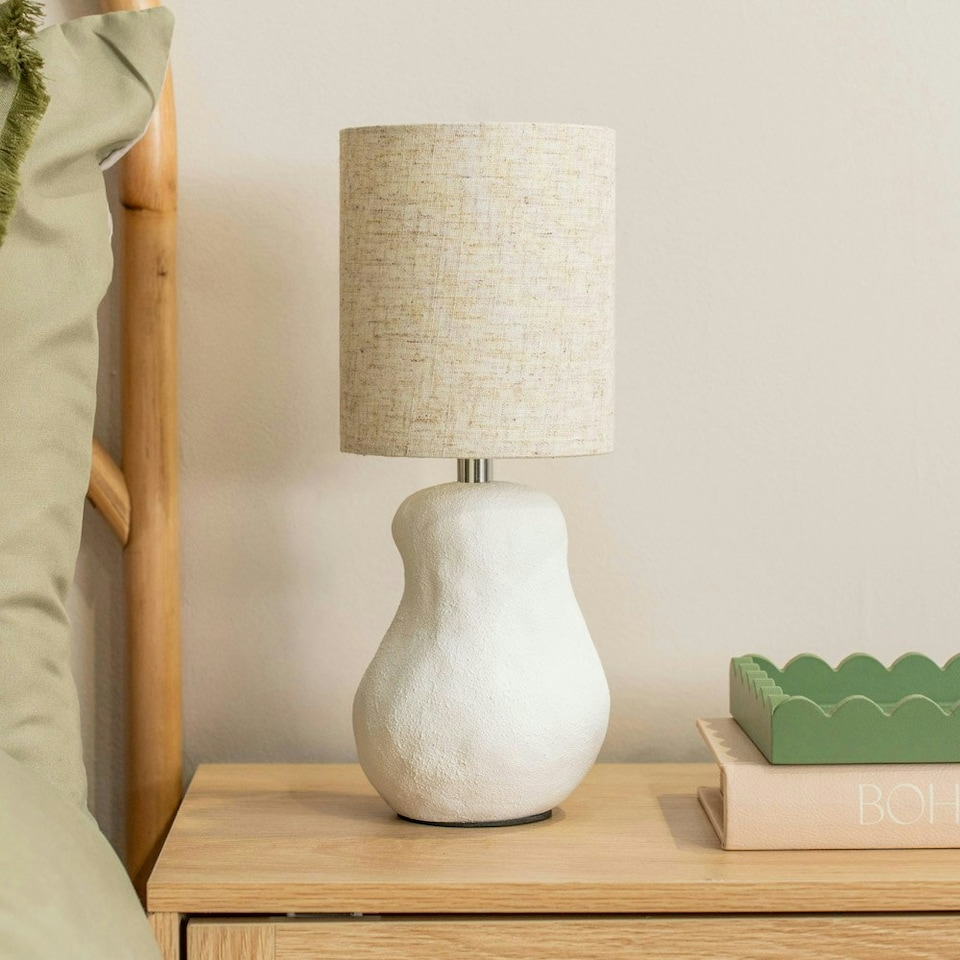 image 1 of ValueLights Mae Natural Linen Shade White Abstract Sandblast Ceramic Table Lamp and LED Bulb White