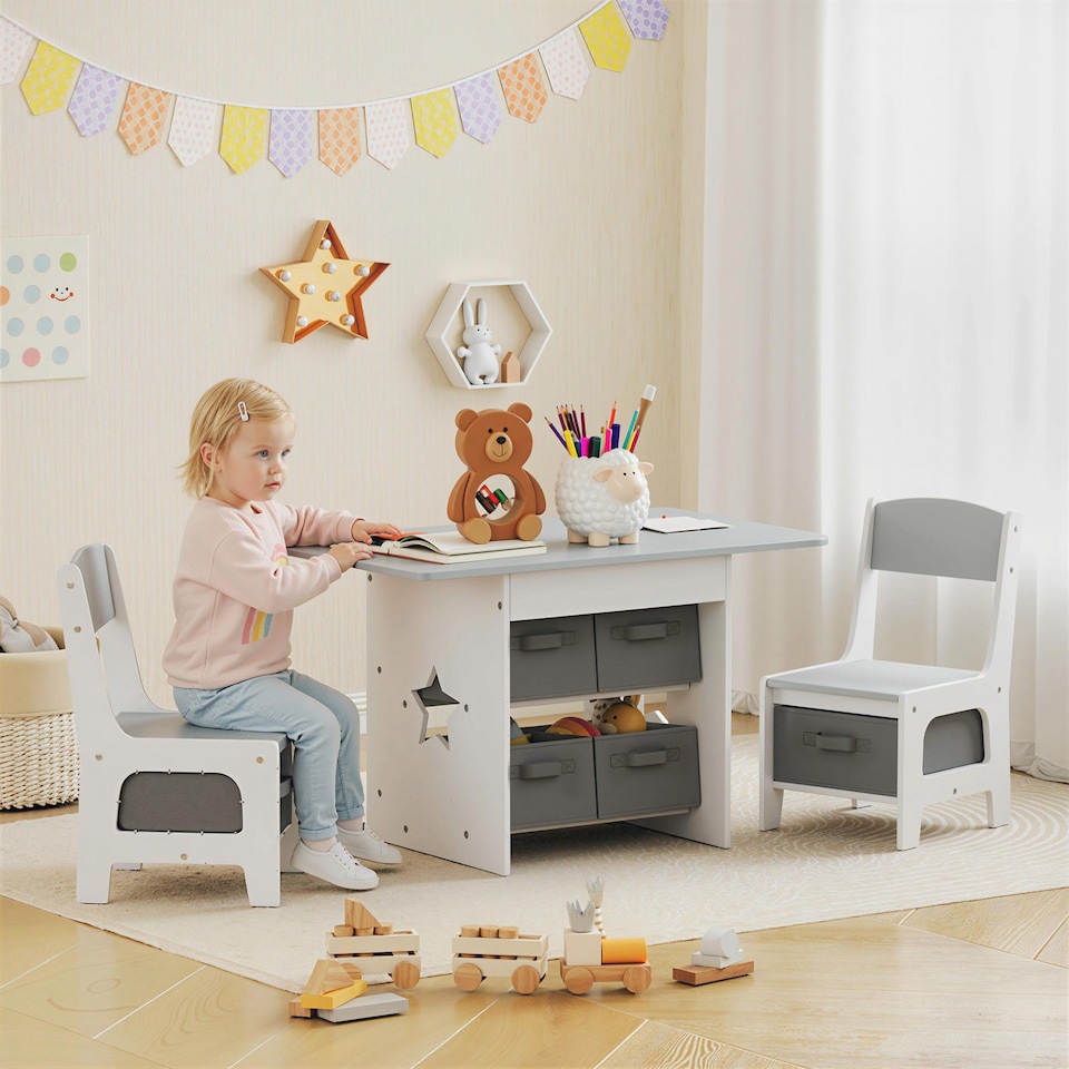 image 1 of AIYAPLAY Kids Table and Chair Set, Toddler Table and 2 Chairs Set with 6 Removable Drawers, for Boys Girls Ages 3-8, for Classroom, Daycares, Homes, Learning, Drawing, Dining, Light Grey