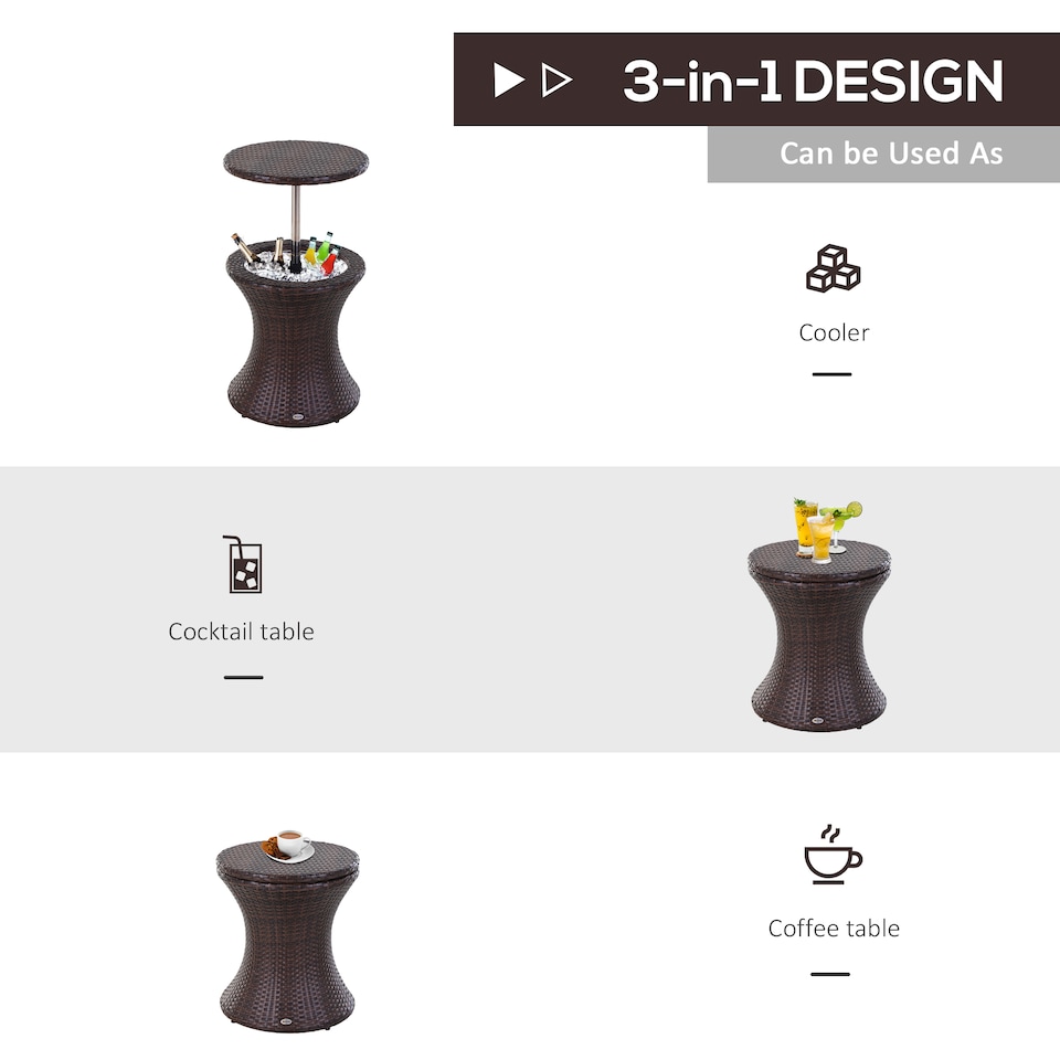 image 1 of Outsunny PE Rattan Ice Bucket Table, Height Adjustable Liftable Outdoor Drinks Cooler, 52 cm Round Garden Beer Cocktail Table with Lid for Bar, Patio, Terrace, Brown