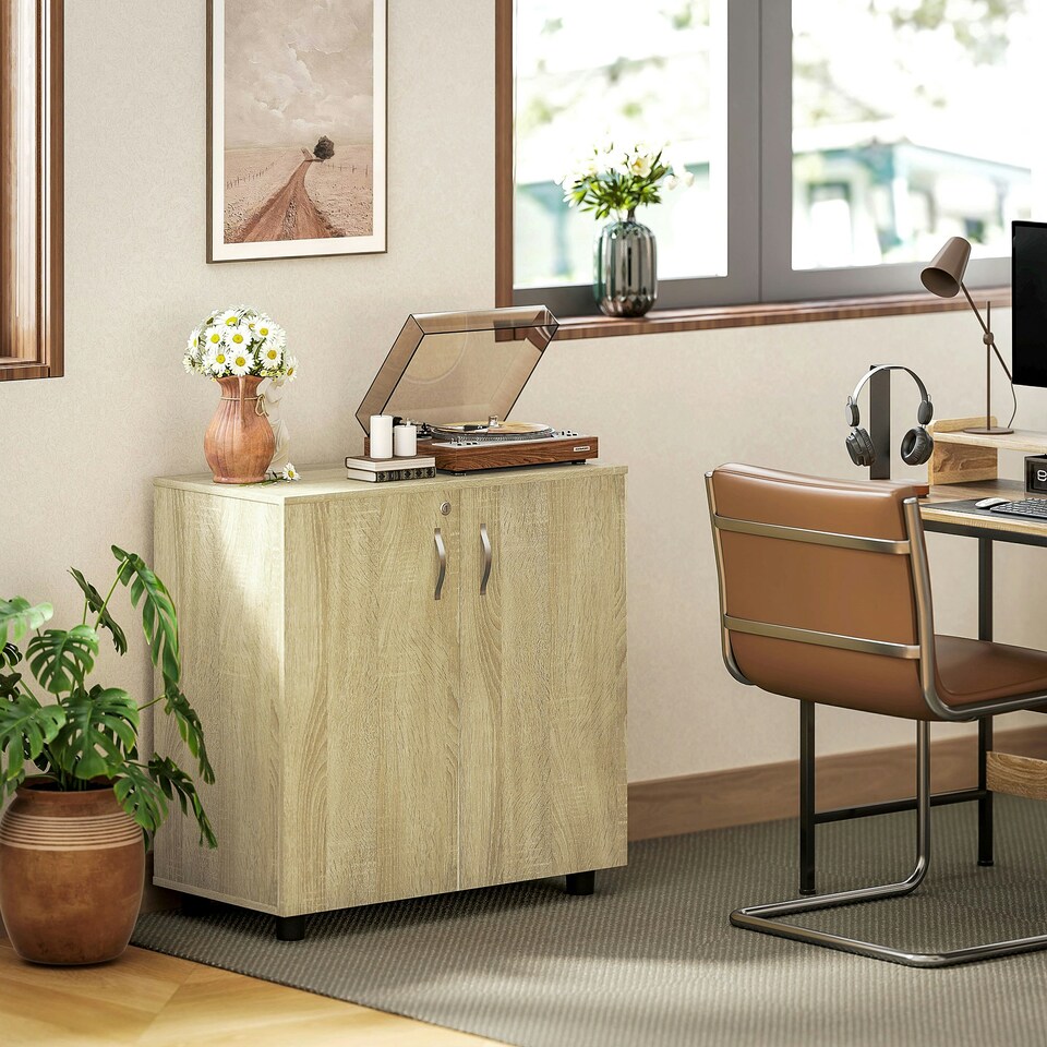 image 1 of Vinsetto 2-Tier Locking Filing Cabinet Office Storage Cabinet, Oak