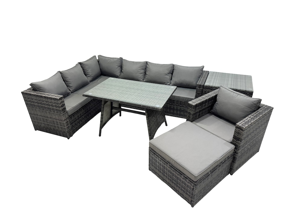 image 1 of Fimous 8-seater Outdoor PE Rattan Sofa Set with Dining Table Patio Garden Furniture Sets with Chair Big Stool Side Table Dark Grey Mixed