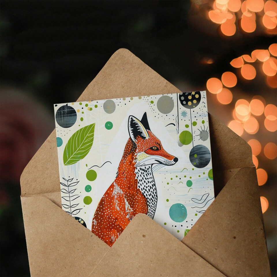 image 1 of Folk Simple Bright Abstract Design Fox Him Her Birthday Card