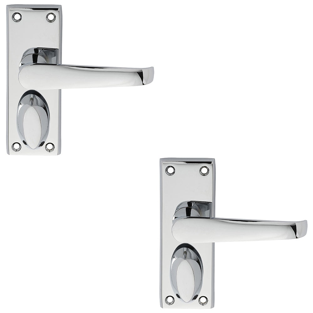 2 PACK - Straight Victorian Privacy Latch Door Handle - Polished Chrome Lever Backplate