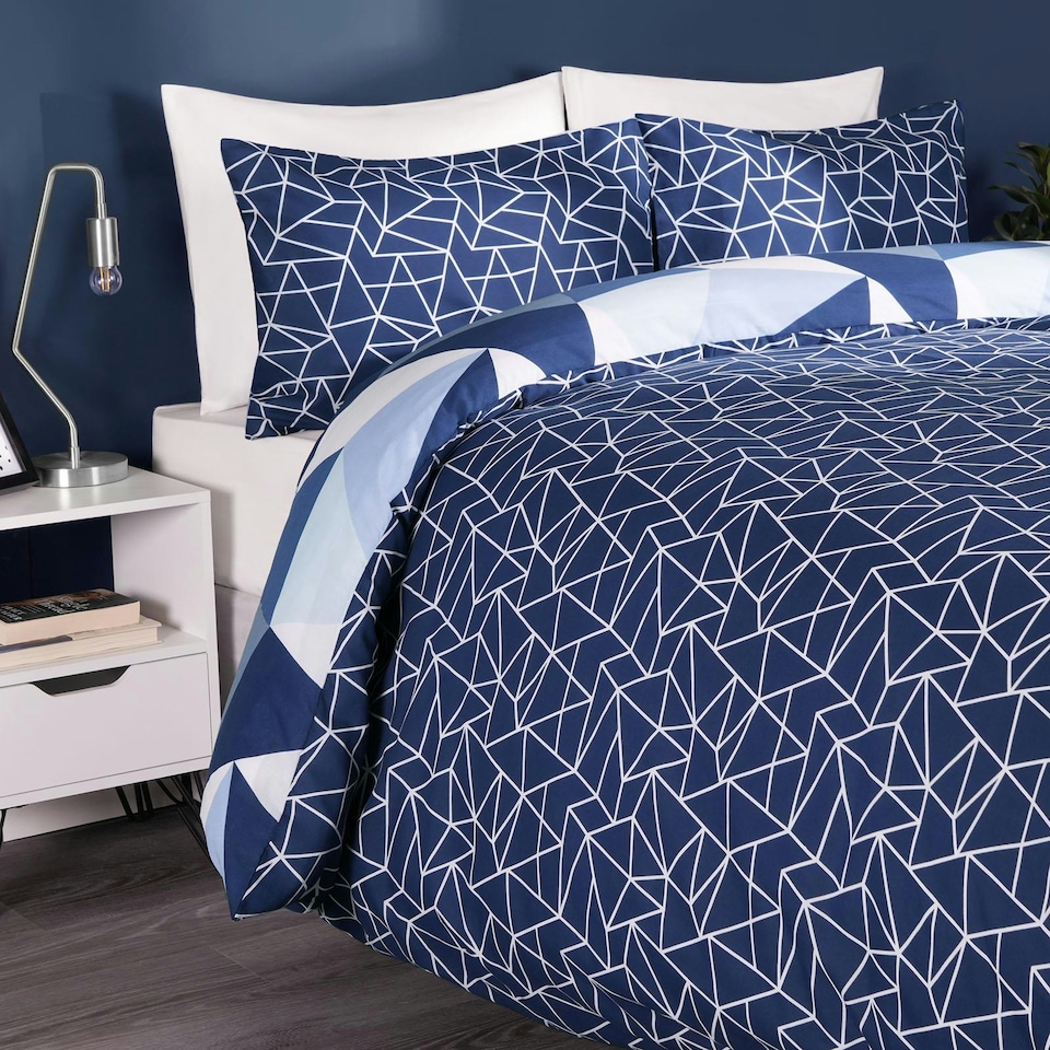 image 1 of OHS Geometric Shapes Duvet Cover and Pillowcase Set, Single - Navy Blue