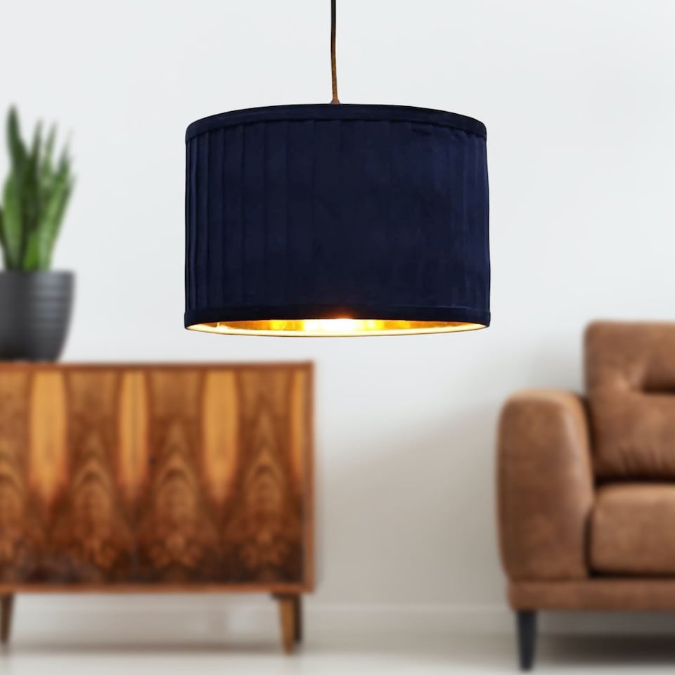image 1 of Sundance - Navy Blue Velvet Pleated 30cm Lamp Shade with Gold Inner | Blue | Gold | Large | 1