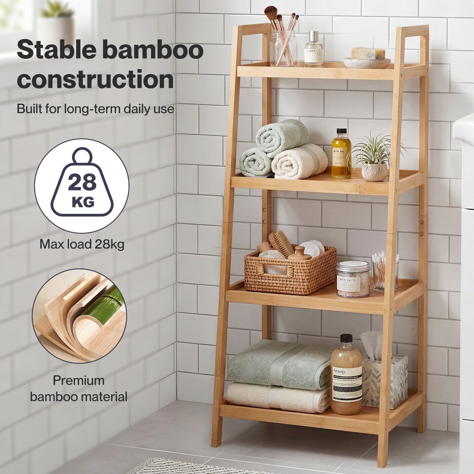 image 1 of Levede Bathroom Storage Shelves 4 Tier Rack Corner Bathroom Kitchen Bamboo