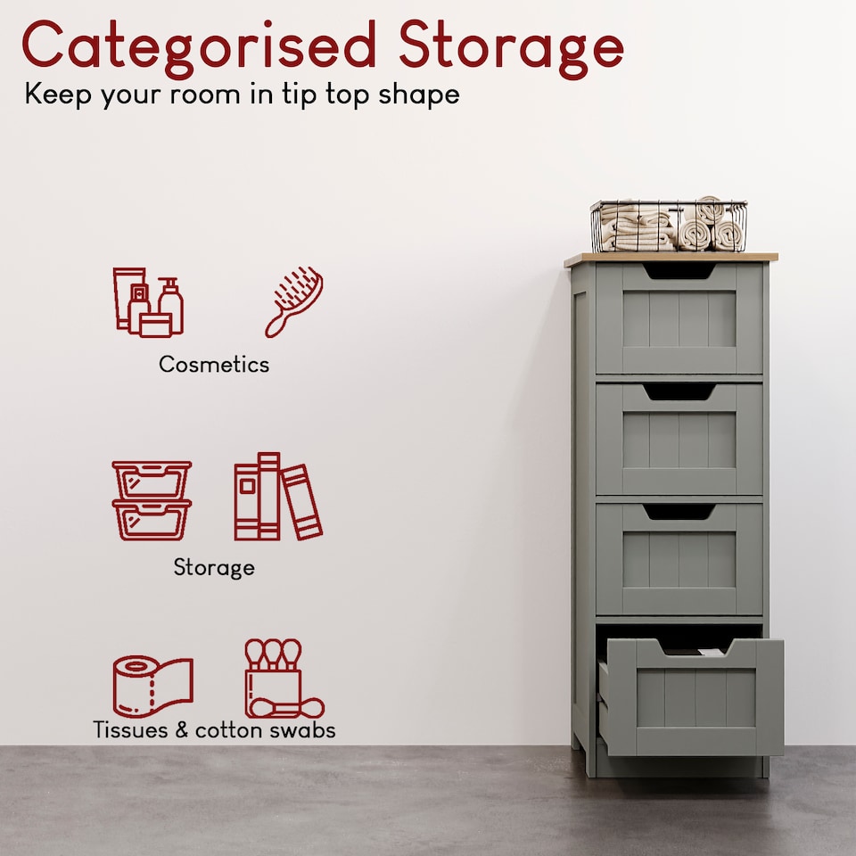 image 1 of Bath Vida Priano 4 Drawer Freestanding Bathroom Storage Cabinet, Grey & Oak | Grey | Grey & Oak | 1