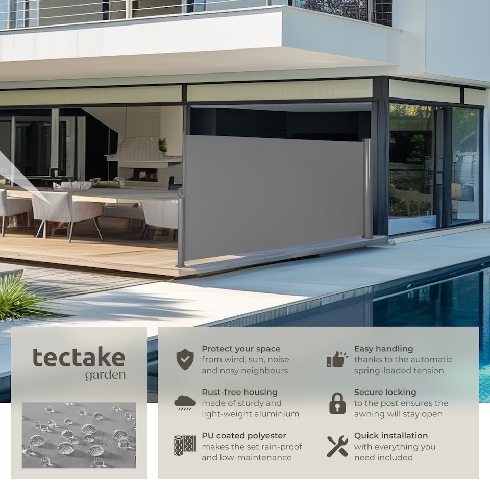 image 1 of Garden Privacy Screen with retractable side awning and aluminium casing | Grey | grey | 1
