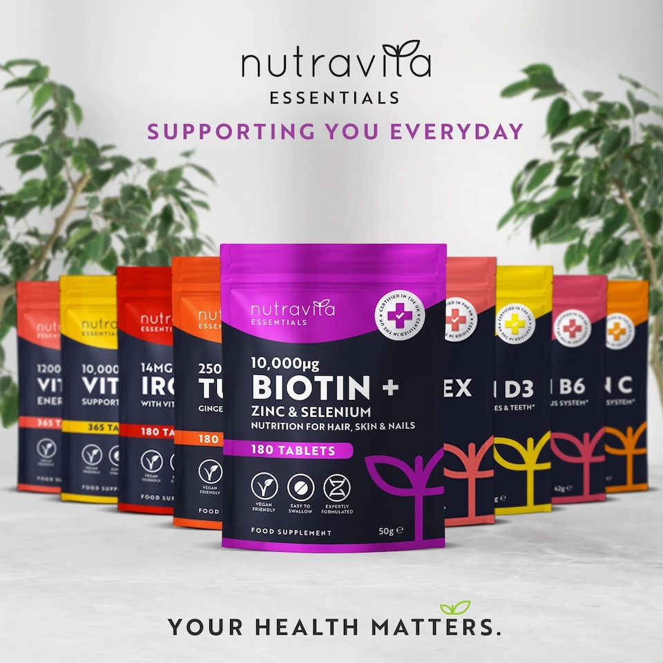 image 1 of Nutravita Biotin Hair Growth Supplement 10,000mcg with Zinc & Selenium - Maintain Normal Hair Skin & Nails with Zinc & Selenium - 180 Vegan Tablets