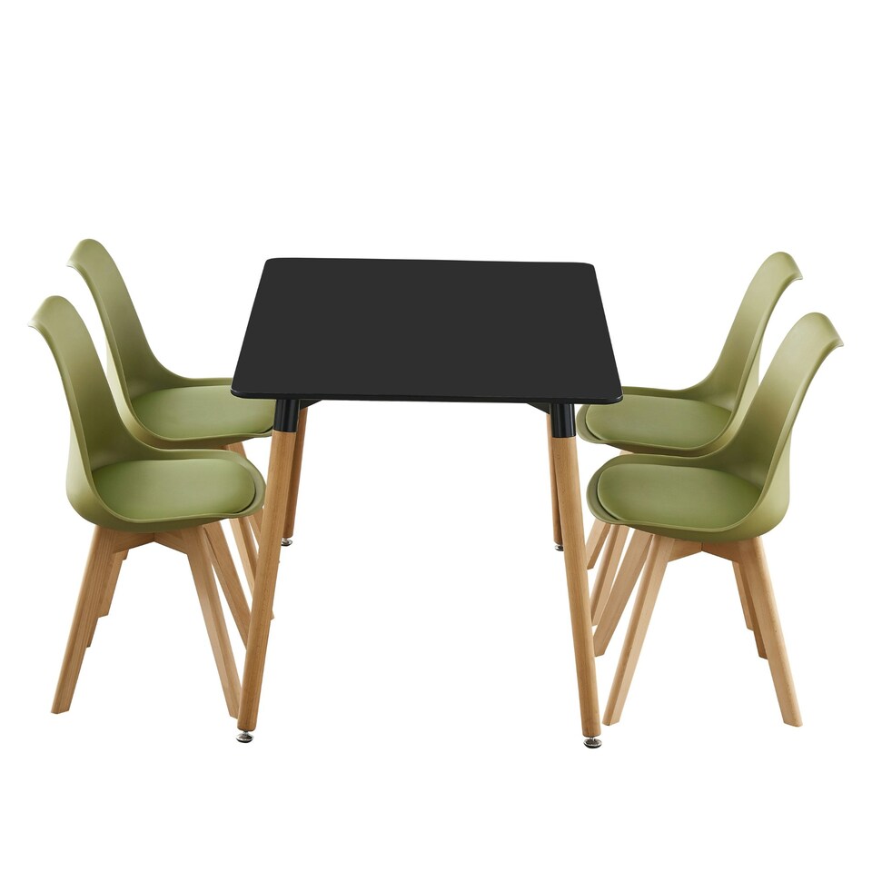 image 1 of 5PCs Dining Set - a Black Halo Dining Table & Set of 4 Lorenzo Tulip Chairs with Padded Seat | Green