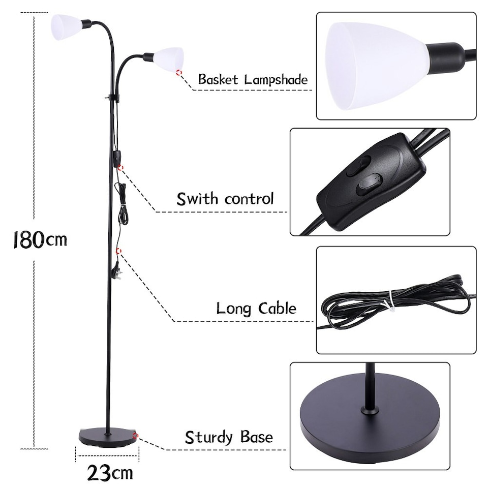 image 1 of Living and Home Modern 2-Head Floor Lamp for Living Room - Black