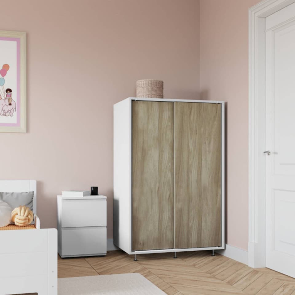 image 1 of URBNLIVING 2 Sliding Door Wardrobe 120cm Freestanding Unit | Multi | White Carcass + Oak Doors | 1