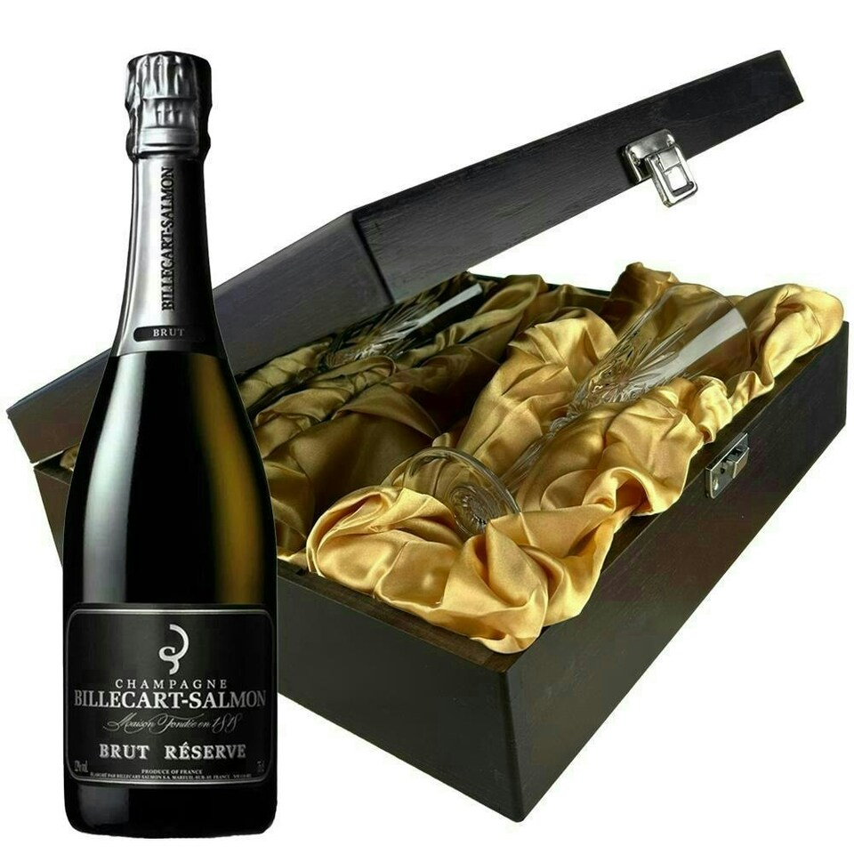 Billecart Salmon Le Reserve Champagne and Flutes in Wooden Hinged Presentation Box 75cl 12% abv