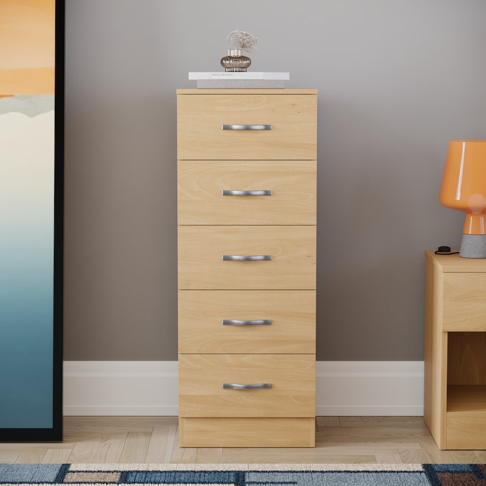 image 1 of Vida Designs Riano 5 Drawer Narrow Chest of Drawers Bedroom Storage, Pine
