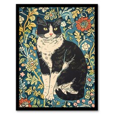 Cat Flowers Portrait Animal Lover Living Room Black Framed Wall Art Print A4