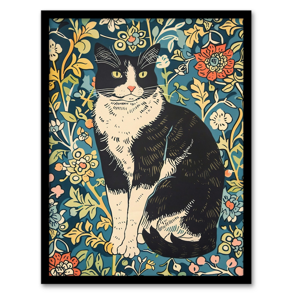 image 1 of Cat Flowers Portrait Animal Lover Living Room Black Framed Wall Art Print A4