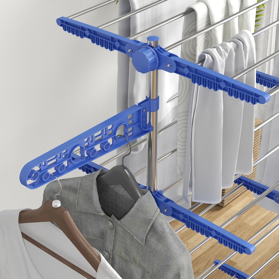 image 1 of HOMCOM 4-Tier Clothes Airer, Stainless Steel Foldable Clothes Drying Rack with Wheels and Wings, Indoor and Outdoor, Easy Assembly, 142 x 55 x 172cm, Blue