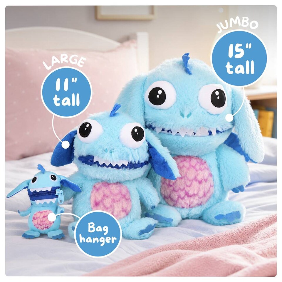 image 1 of Kids Worry Yummy Monster Cuddly Plush Toy Gift Set of 3 - Jumbo, Large and Clip-On Sizes Included