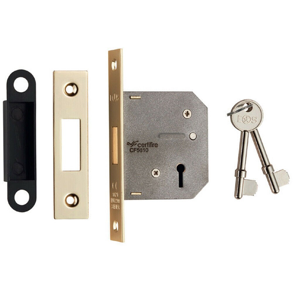 Loops 64mm 3 Lever BS Deadlock Square Forend Electro Brassed Door Security Latch in Metallics