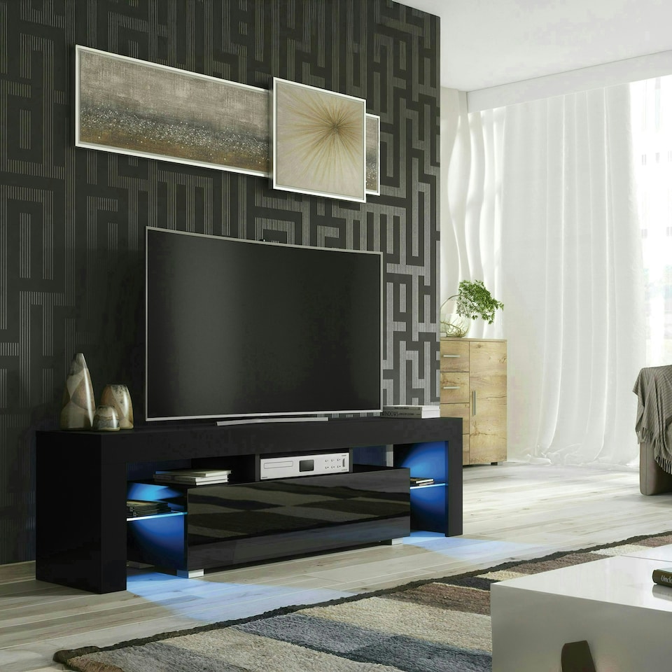image 1 of TV Unit 160cm Black Gloss Door Black Matt Body with LED Glass Sides Black