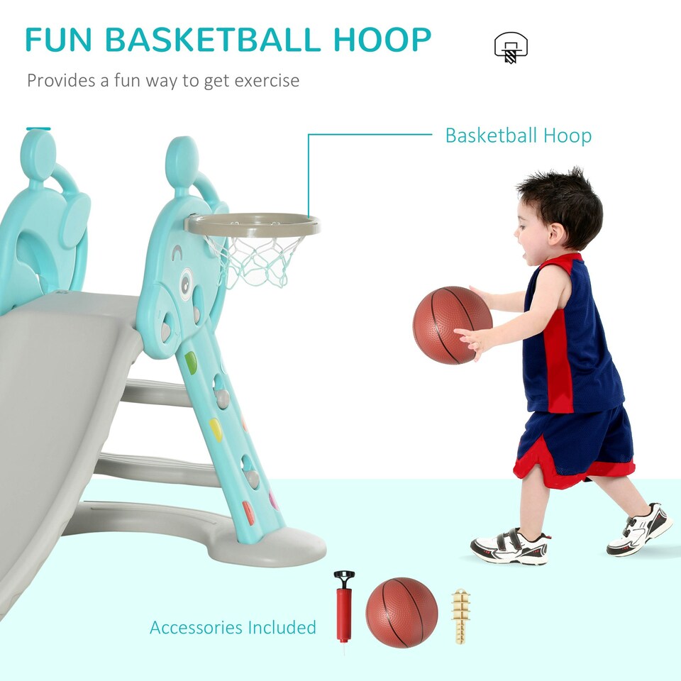 image 1 of HOMCOM 2 in 1 Kids Slide with Basketball Hoop 18 months -4 Years Old Deer Blue
