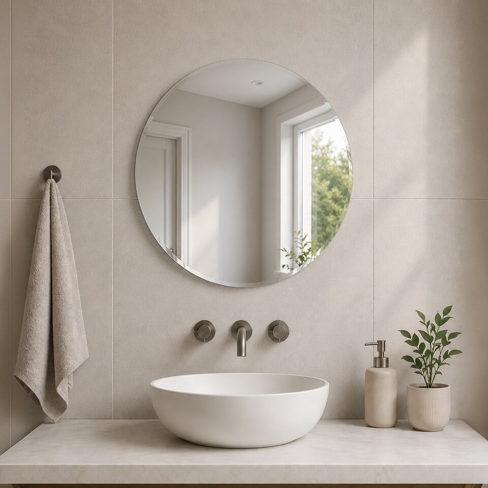 image 1 of Showerdrape Fitzrovia Round Wall Mounted Frameless Bevelled Edge Bathroom Mirror 45 x 45cm | Chrome | Mirror | 1