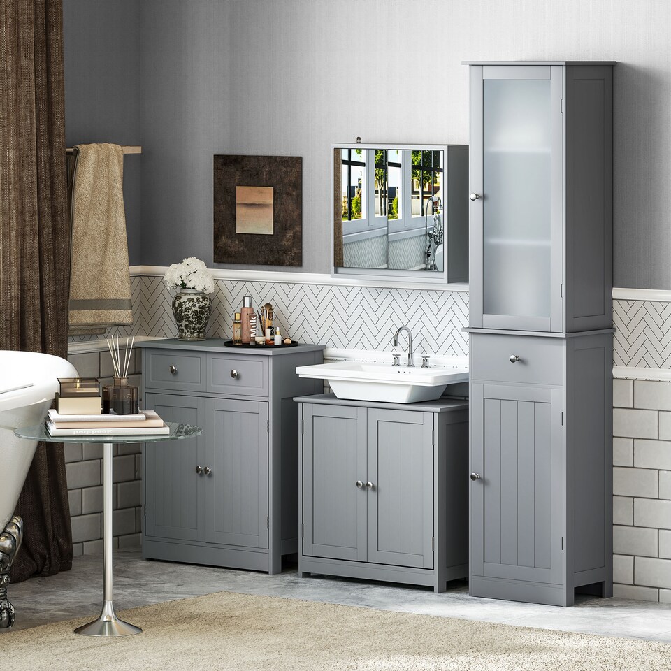 image 1 of HOMCOM Wall Mounted Mirror Cabinet with Storage Shelf Bathroom Cupboard Double Door Grey