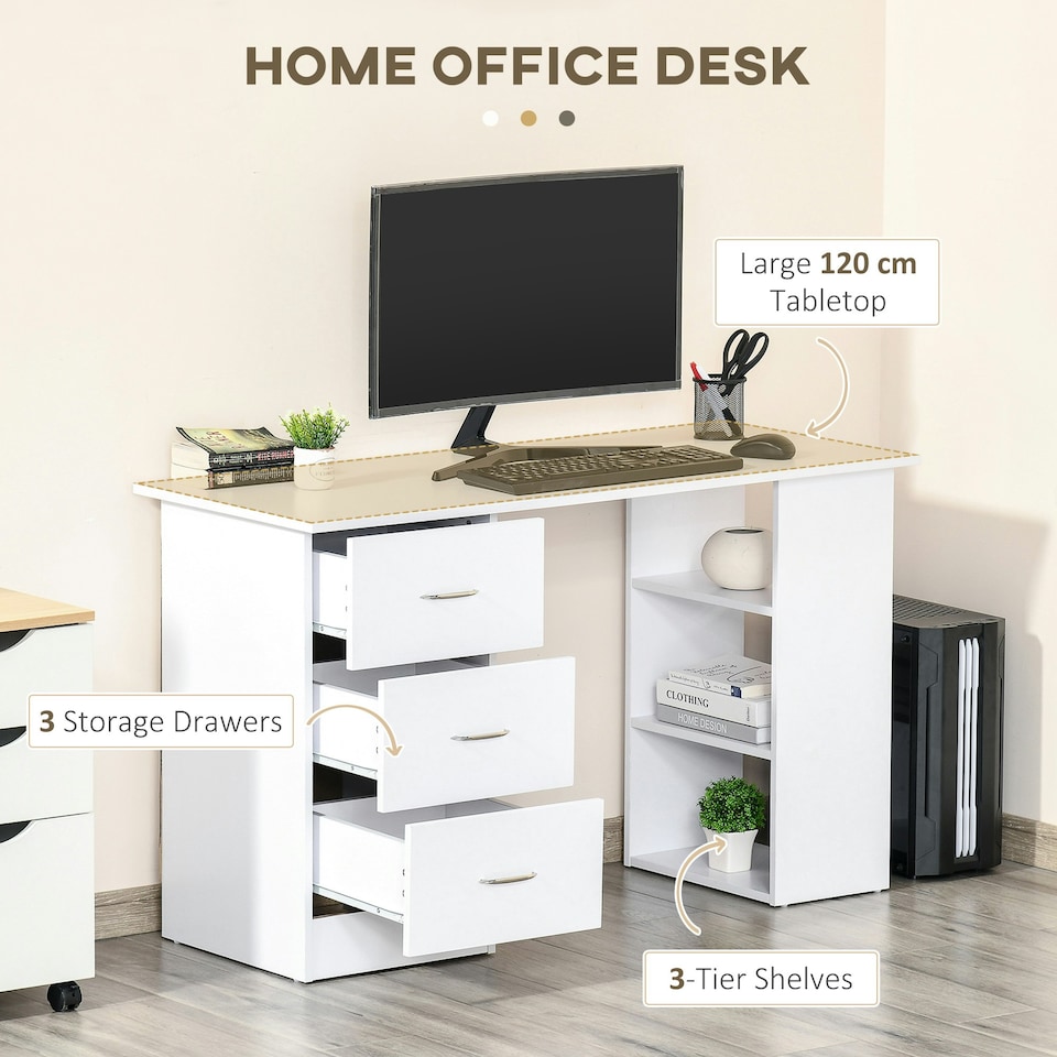 image 1 of HOMCOM 120cm Computer Desk PC Table Workstation with 3 Shelf & Drawers