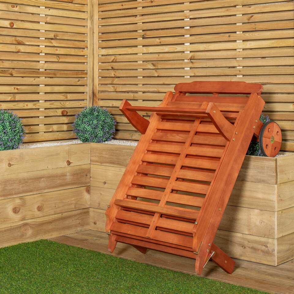 image 1 of 1.9m x 0.6m Outdoor Wooden Adjustable Foldable Sunlounger with Wheels Brown