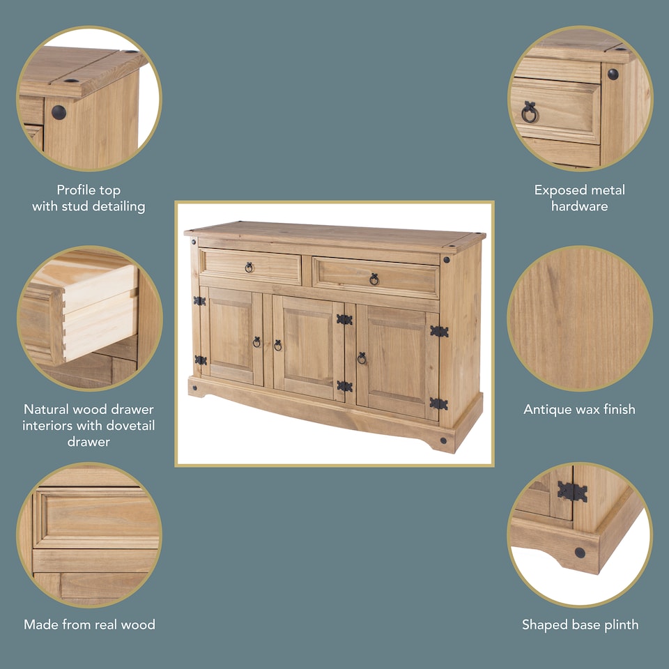 image 1 of Corona Premium Medium Sideboard - 2 Wide Drawers and 3 Doors with Adjustable Shelf in Antique, Grey or White Wax | Brown | Brown | One Size | 1