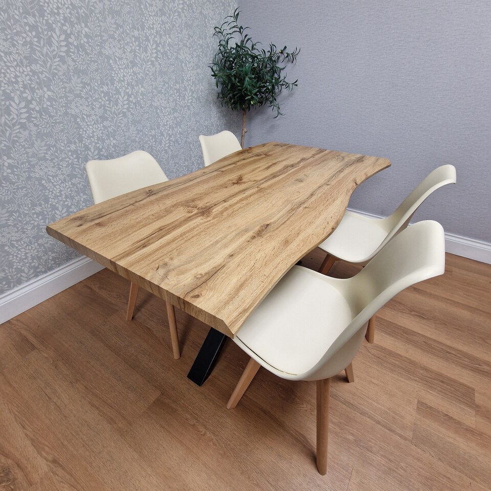 image 1 of Modern Dining Set with 4 Cream Plastic Chairs with Faux Leather Seats Kitchen Dining Furniture